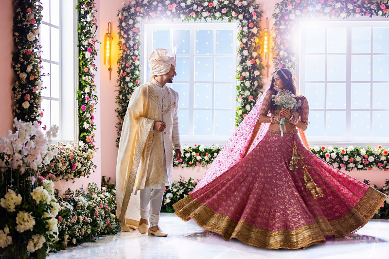 Bride and groom in traditional Indian wedding attire